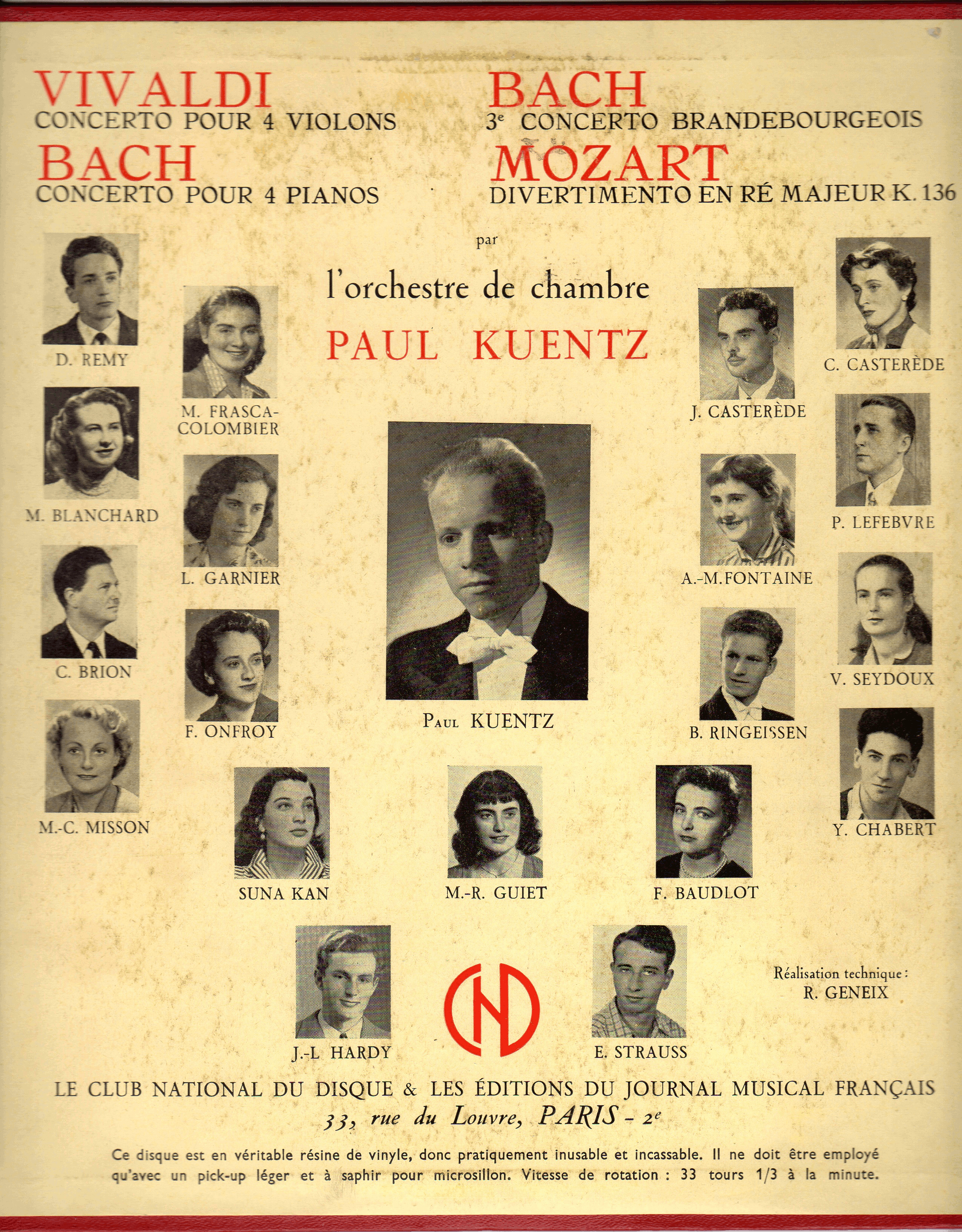 Le verso de la pochette du premier disque de Paul K<small>UENTZ</small> pour le Club national du disque (au début des années 1950)